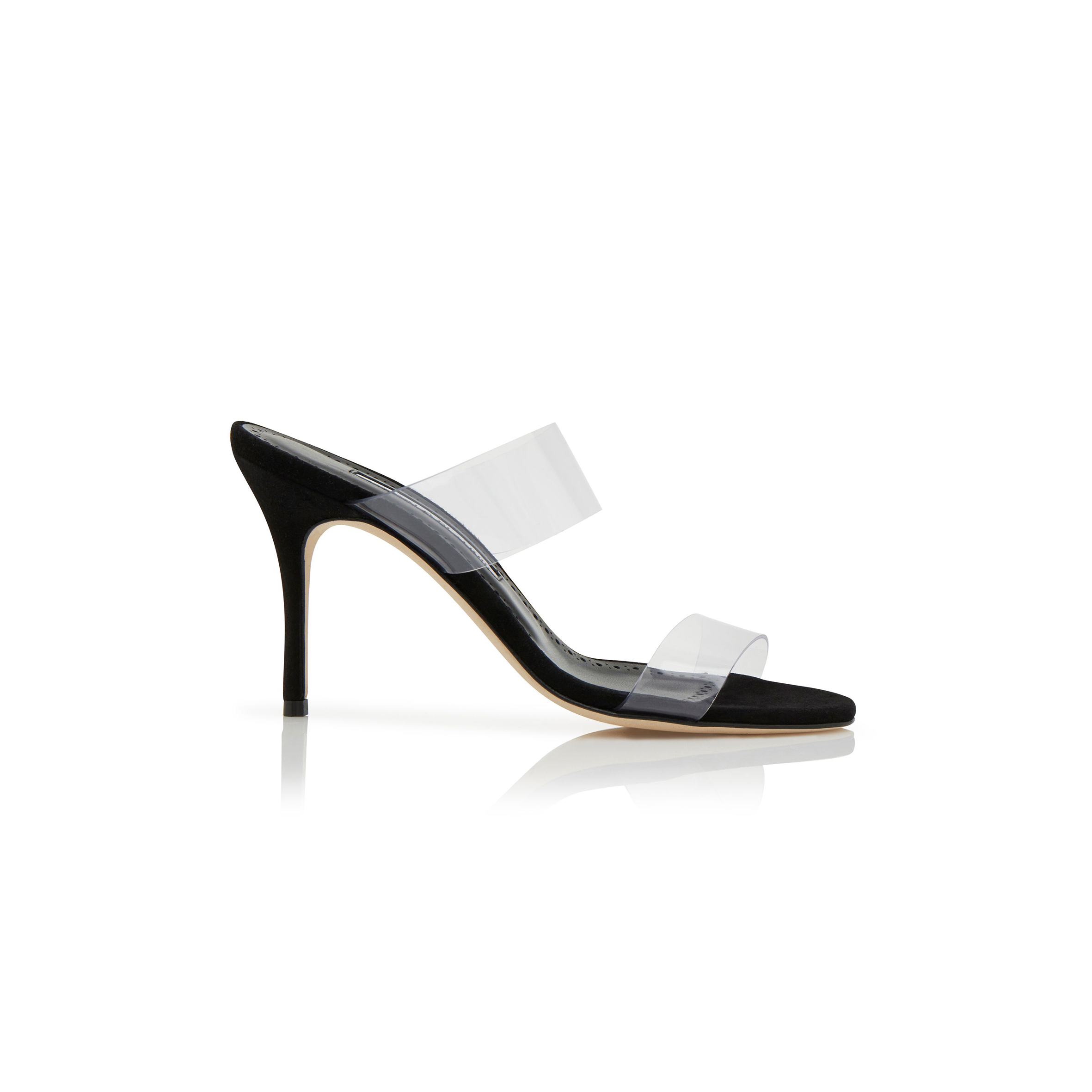MANOLO BLAHNIK SCOLTO BLACK SUEDE AND ECO PVC OPEN TOE MULES 219-0180-0006